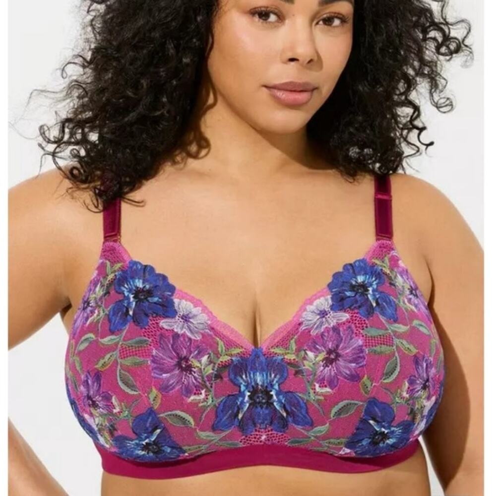 Torrid Dream wire free floral lace magenta bra mesh lightly padded 46DD
